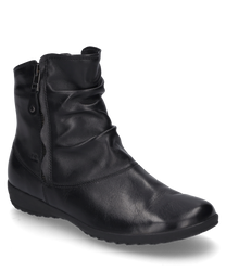 La bottine noire est en cuir brillant et possède une fermeture éclair latérale pour un enfilage et un retrait faciles. La conception froncée de la tige est particulièrement remarquable ajoutant une touche de mode à la chaussure.