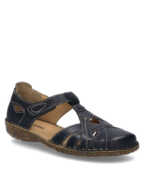 Elegant sandal made of black leather with Velcro closure. The sole is patterned and provides good grip ideal for everyday use.