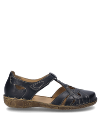 Elegant sandal made of black leather with Velcro closure. The sole is patterned and provides good grip ideal for everyday use.