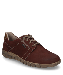 Der Halbschuh in Bordo-Kombination besteht aus hochwertigem Leder mit kontrastierenden Nähten. Er verfügt über eine bequeme Schnürung und eine robuste profilierte Sohle für optimalen Halt.