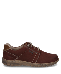 Der Halbschuh in Bordo-Kombination besteht aus hochwertigem Leder mit kontrastierenden Nähten. Er verfügt über eine bequeme Schnürung und eine robuste profilierte Sohle für optimalen Halt.