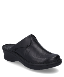 De zwarte clog is gemaakt van glad leer en heeft een comfortabele rubberen elastische sluiting. Het ontwerp is eenvoudig en functioneel met een licht verhoogde zool voor extra comfort.