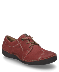 Red leather lace-up shoe. The shoe features contrasting stitching and a sturdy black sole.