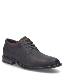 Grafietkleurige veterschoen van leer. De schoen heeft een robuuste zool en subtiele sierstiksels voor een elegante uitstraling.