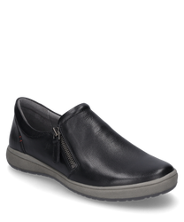 Zapato negro de media altura de cuero liso con cierre de cremallera lateral y suela gris. El zapato ofrece un aspecto elegante y cómodo ideal para el uso diario.