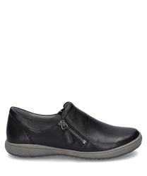 Zapato negro de media altura de cuero liso con cierre de cremallera lateral y suela gris. El zapato ofrece un aspecto elegante y cómodo ideal para el uso diario.