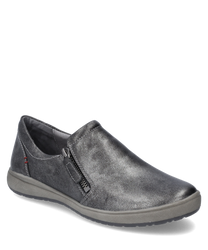 Moderner Halbschuh aus glänzendem grauem Material mit seitlichem Reißverschluss für einfaches An- und Ausziehen. Der Schuh hat eine glatte Oberfläche und eine bequeme helle Sohle die ideal für den Alltag ist.