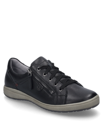 La sneaker noire en cuir se distingue par sa surface lisse et mate ainsi que son apparence élégante. Elle est dotée d'une fermeture éclair latérale ainsi que d'un laçage classique qui assure un maintien sûr. La semelle en caoutchouc grise et plate offre un