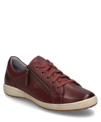 The sneaker is made of burgundy-colored leather and features an elegant smooth finish. It has a side zipper as the main closure type adding a modern touch to the design. The light beige sole provides a stylish contrast and adds extra comfort.