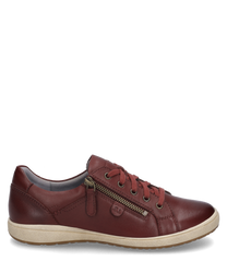 The sneaker is made of burgundy-colored leather and features an elegant smooth finish. It has a side zipper as the main closure type adding a modern touch to the design. The light beige sole provides a stylish contrast and adds extra comfort.
