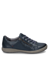 Sneaker w kolorze oceanu ma praktyczne zapięcie na zamek z boku i wykonany jest z gładkiej skóry. Szara podeszwa i pasujące sznurowadła nadają butowi elegancki nowoczesny wygląd.