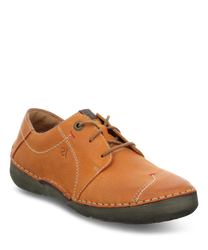 Der Halbschuh ist aus orangefarbenem Leder gefertigt und verfügt über eine Schnürung. Besondere Merkmale sind die auffälligen Ziernähte und die robuste Sohle.
