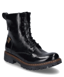 The black ankle boot is made of glossy leather and features a sturdy textured heel. It has a side zipper for easy on and off.