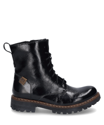 The black ankle boot is made of glossy leather and features a sturdy textured heel. It has a side zipper for easy on and off.