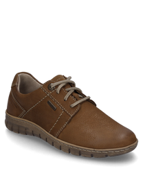 De halfhoge schoen in cognac-combinatie heeft een hoogwaardige leerlook met opvallende stiksels en vetersluiting. De comfortabele zool en het eenvoudige ontwerp maken hem perfect voor dagelijks gebruik.