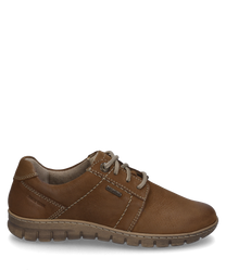 De halfhoge schoen in cognac-combinatie heeft een hoogwaardige leerlook met opvallende stiksels en vetersluiting. De comfortabele zool en het eenvoudige ontwerp maken hem perfect voor dagelijks gebruik.