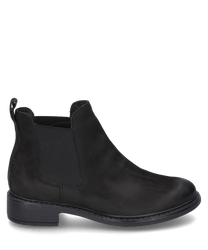 La botte illustrée est fabriquée en cuir noir et possède un élastique latéral pour un enfilage facile. La chaussure se distingue par une semelle robuste et une couture discrète le long de la semelle.