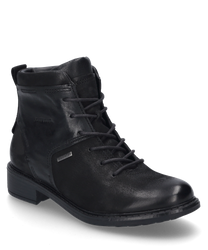 Die schwarze Stiefelette besteht aus hochwertigem Leder und zeigt eine glatte Oberfläche. Sie ist mit einem Reißverschluss an der Seite ausgestattet und bietet einen komfortablen Sitz.