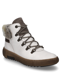 Weiße Stiefelette mit Reißverschluss hergestellt aus Leder. Besitzt eine braune Sohle und Schnürsenkel sowie einen weichen gemusterten Pelzkragen für zusätzlichen Komfort.