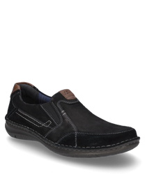 Questa pantofola nera in pelle presenta una comoda chiusura con elastico. Le caratteristiche speciali sono le cuciture bianche a contrasto e l'accento marrone sul tallone.