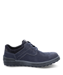 Chaussure élégante à lacets en cuir bleu foncé. La chaussure a une semelle texturée gris clair et des coutures discrètes.