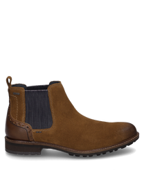 Die braune Stiefelette aus Wildleder hat einen elastischen Gummizug für einfaches Anziehen. Sie besticht durch eine robuste Sohle und dezente Ziernähte an der Ferse.