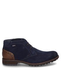 Die Stiefelette in der Farbgebung 'jeans-kombi' besteht aus dunkelblauem Veloursleder mit braunen Akzenten im Fersenbereich. Sie verfügt über eine Schnürung als Verschluss und eine robuste Sohle für optimalen Halt.