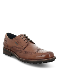 Elegant lace-up shoe made of brown leather. The shoe impresses with fine perforated details and a sturdy sole.