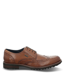 Elegant lace-up shoe made of brown leather. The shoe impresses with fine perforated details and a sturdy sole.