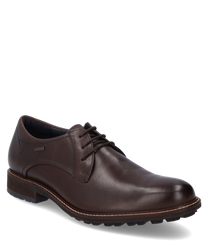 Chaussure élégante en cuir lisse marron foncé avec lacets. La chaussure se distingue par une semelle robuste et profilée ainsi que des détails de couture discrets.