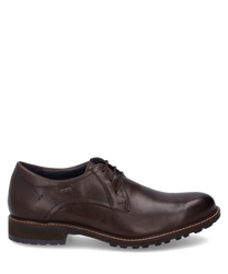 Chaussure élégante en cuir lisse marron foncé avec lacets. La chaussure se distingue par une semelle robuste et profilée ainsi que des détails de couture discrets.