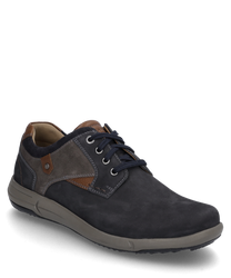 The half shoe made of dark blue suede features lacing and contrasting brown leather accents. The shoe has a sturdy gray sole and is ideal for a casual yet stylish appearance.