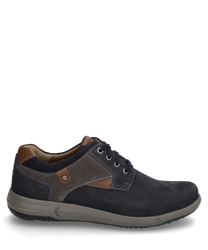 The half shoe made of dark blue suede features lacing and contrasting brown leather accents. The shoe has a sturdy gray sole and is ideal for a casual yet stylish appearance.
