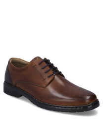 The half shoe in cognac combination features a smooth leather design with dark blue laces. The shoe has a rounded toe area and a contrasting heel cap for added style.