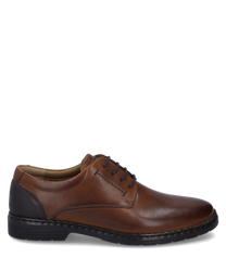 The half shoe in cognac combination features a smooth leather design with dark blue laces. The shoe has a rounded toe area and a contrasting heel cap for added style.