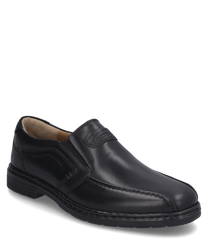 The black slip-on shoe is made of smooth leather and features a practical elastic band as a closure. The shoe is characterized by its simple design and a sturdy sole.