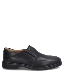 The black slip-on shoe is made of smooth leather and features a practical elastic band as a closure. The shoe is characterized by its simple design and a sturdy sole.