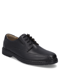 La scarpa nera in pelle presenta una classica allacciatura e una suola robusta. Il design semplice è arricchito da sottili cuciture decorative sui lati.