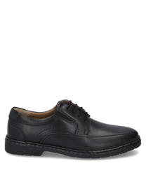 La scarpa nera in pelle presenta una classica allacciatura e una suola robusta. Il design semplice è arricchito da sottili cuciture decorative sui lati.