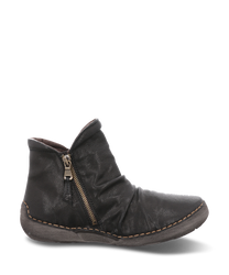 Die abgebildete Stiefelette besteht aus schwarzem Leder und hat einen seitlichen Reißverschluss. Sie zeichnet sich durch eine weiche geraffte Struktur und eine genähte Sohle in Kontrastfarbe aus.