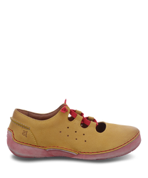 Yellow half shoe with red lacing and perforated design. Made of leather it combines comfort with fashionable style.