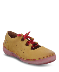 Yellow half shoe with red lacing and perforated design. Made of leather it combines comfort with fashionable style.
