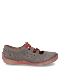 Gray half shoe with red lacing and decorative seams. Made of suede with side ventilation holes and a soft sole for comfort.