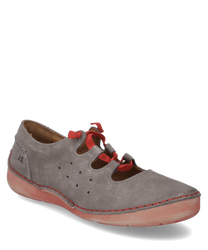 Gray half shoe with red lacing and decorative seams. Made of suede with side ventilation holes and a soft sole for comfort.