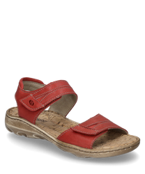 Sandalo rosso con chiusura in velcro realizzato in pelle liscia. La suola è in materiale chiaro e strutturato e offre una buona aderenza.