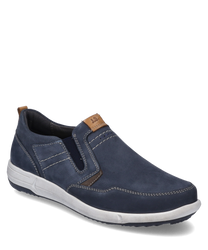 The slipper in blue-combination impresses with its elegant design and practical elastic closure. The shoe features a sturdy sole and contrasting seams that provide a sporty look.