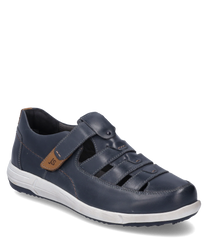 The half shoe made of dark blue leather with Velcro offers a modern design. It features brown accents and a white sole that combines comfort and style.