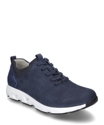 Baskets bleu foncé avec lacets en cuir perforé pour une respirabilité optimale. Semelle blanche avec des propriétés d'amortissement idéale pour un confort quotidien.