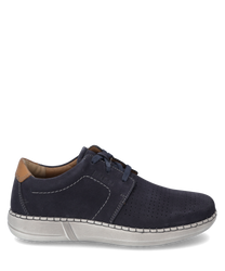 Elegant lace-up shoe made of dark blue leather adorned with light decorative laces and perforations on the front. The shoe features a light sole and a brown accent at the heel for a stylish look.