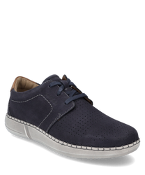 Elegant lace-up shoe made of dark blue leather adorned with light decorative laces and perforations on the front. The shoe features a light sole and a brown accent at the heel for a stylish look.